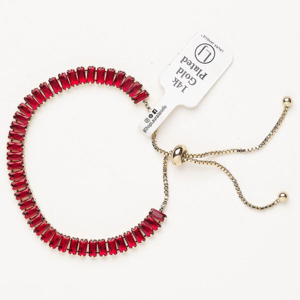 Bracelet, adjustable, brass / glass / silicone, pkg/1, 6 to 10 inches, gold plate and garnet. image number 0