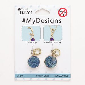 Drop, steel / brass / druzy agate (dyed), pkg/2, gold finish / blue / green, 19x15mm round with snap lock bail.