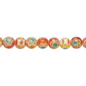 Bead, millefiori glass 1pkg1, translucent red-orange / blue / white, 6mm round, 15 inches.