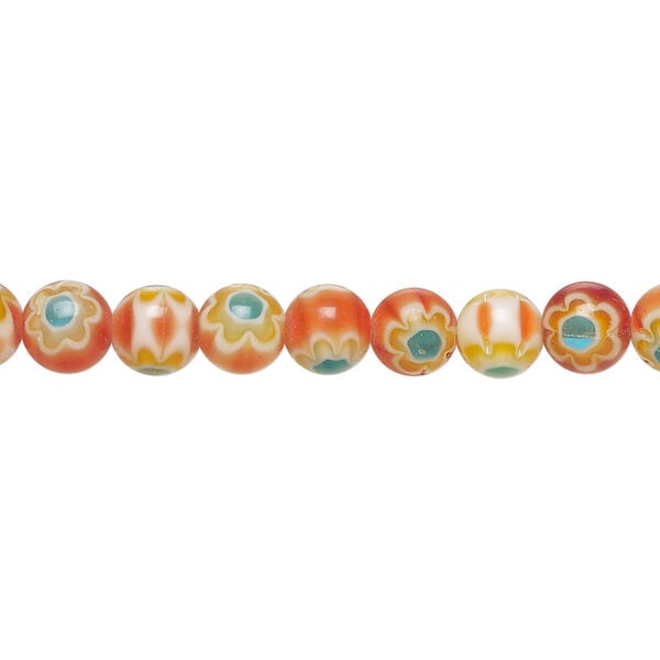 Bead, millefiori glass 1pkg1, translucent red-orange / blue / white, 6mm round, 15 inches. image number 0