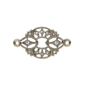 Link, antique brass-finished "pewter" (zinc-based alloy) and glass, clear, 24x17mm fancy oval. Sold individually.