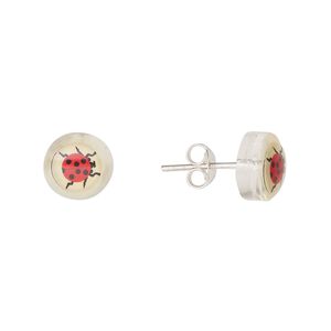 Earstud, Everyday Jewelry, sterling silver and acrylic, clear and multicolored, 9mm round with ladybug. Sold per pair.