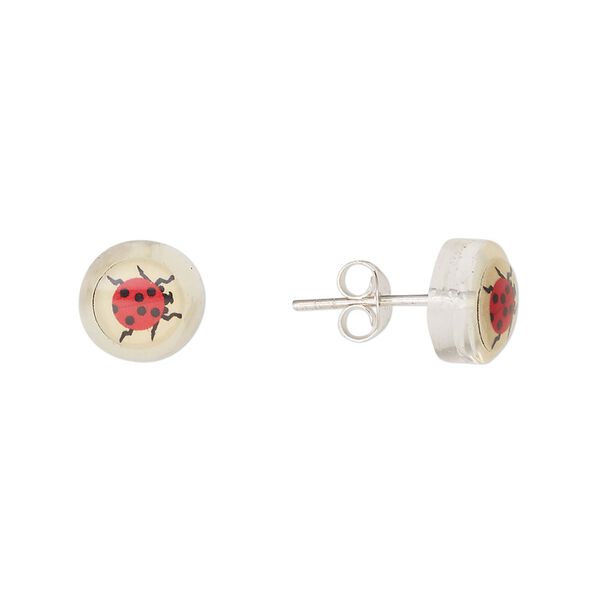 Earstud, Everyday Jewelry, sterling silver and acrylic, clear and multicolored, 9mm round with ladybug. Sold per pair. image number 0