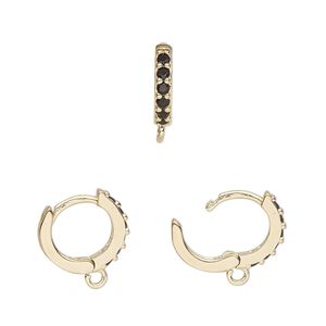 Hoop, gold-finished brass and glass, black, 13mm hoop, 17 gauge. Sold per pair.