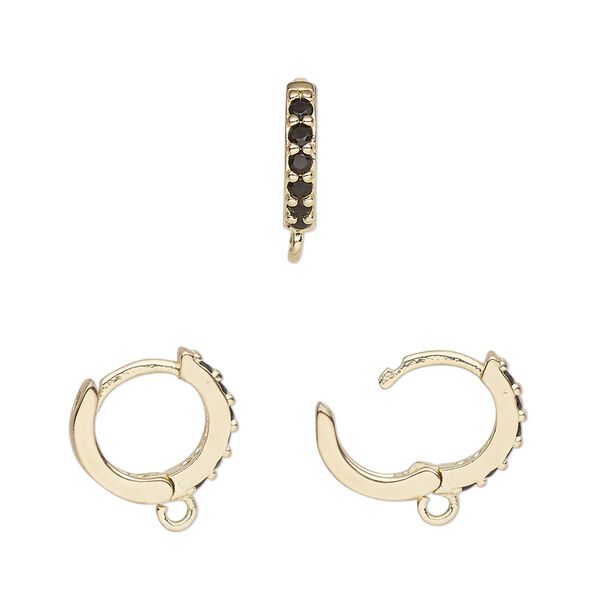 Hoop, gold-finished brass and glass, black, 13mm hoop, 17 gauge. Sold per pair. image number 0