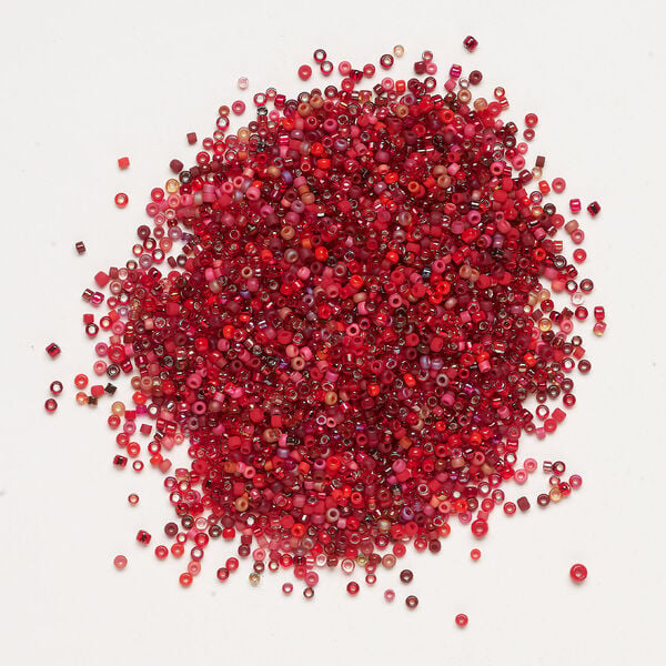Seed bead mix, glass, 1pkg25g, #15 to #11 round, opaque and translucent multi-red image number 1