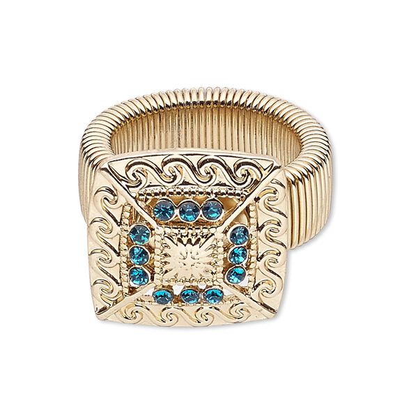 Ring, stretch, glass rhinestone with gold-finished steel and "pewter" (zinc-based alloy), turquoise blue, 22x22mm square, size 7-9. Sold individually. image number 0