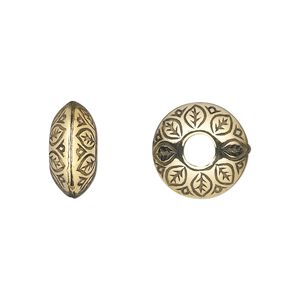 Bead, antiqued gold-finished copper-coated plastic, 14x7mm rondelle with leaf design. Sold per 50-gram pkg, approximately 65 beads.