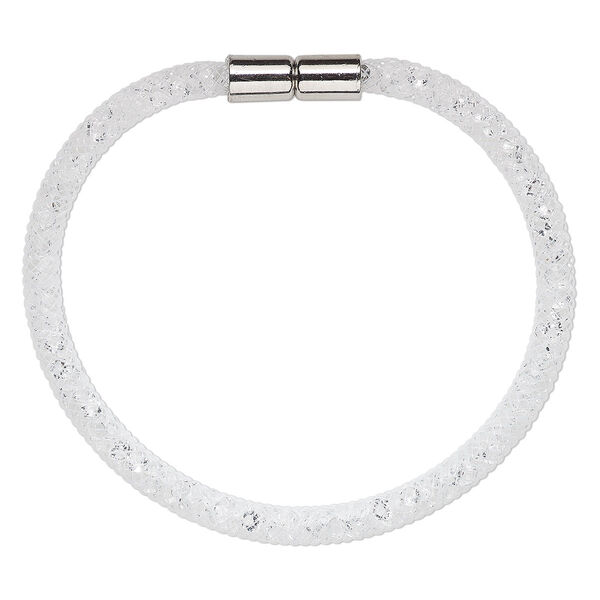 Bracelet, nylon / acrylic / imitation rhodium-finished "pewter" (zinc-based alloy), white and clear, 4mm wide mesh, 7-1/2 inches with magnetic clasp. Sold individually. image number 0