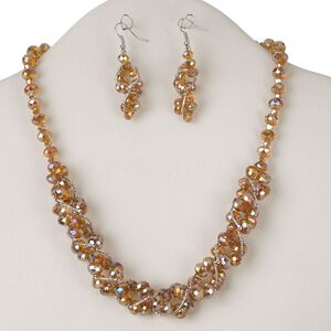 Necklace and earring set, glass with silver-plated brass and steel, champagne AB, 18 inches with 2-inch extender chain and lobster claw clasp, 59x12mm earring with fishhook ear wire. Sold per set.