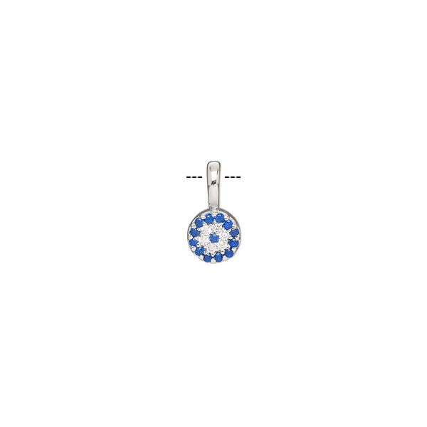 Drop, cubic zirconia and rhodium-plated sterling silver, blue and clear, 5mm single-sided flower. Sold individually. image number 0