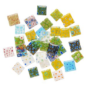 Millefiori glass bead mix 1pkg1, 12-16mm puffed square with 0.4-0.6mm hole, 2-ounce pkg approximately 30-40 beads multicolored