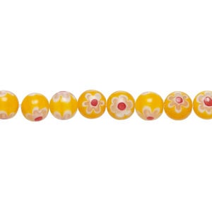 Bead, millefiori glass 1pkg1, translucent white / orange / red, 6mm round, 15 inches.
