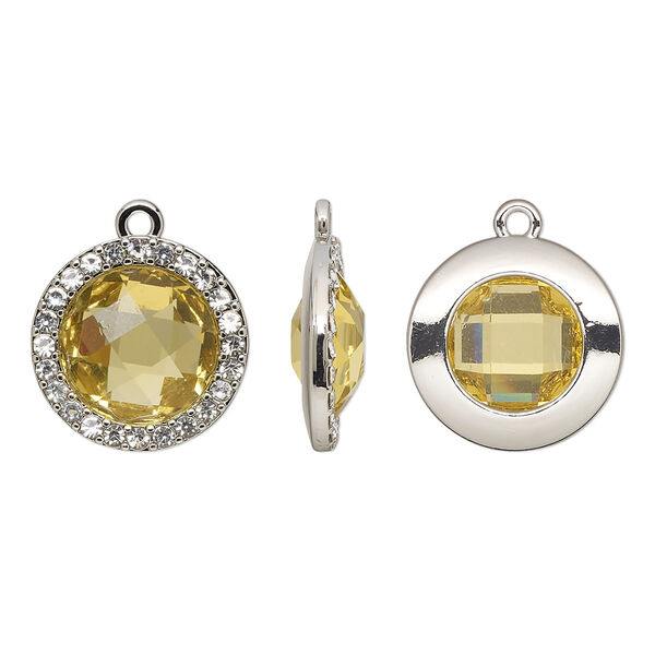 Drop, glass / glass rhinestone / imitation rhodium-finished "pewter" (zinc-based alloy), clear and transparent citrine yellow, 19mm single-sided round. Sold per pkg of 2. image number 0