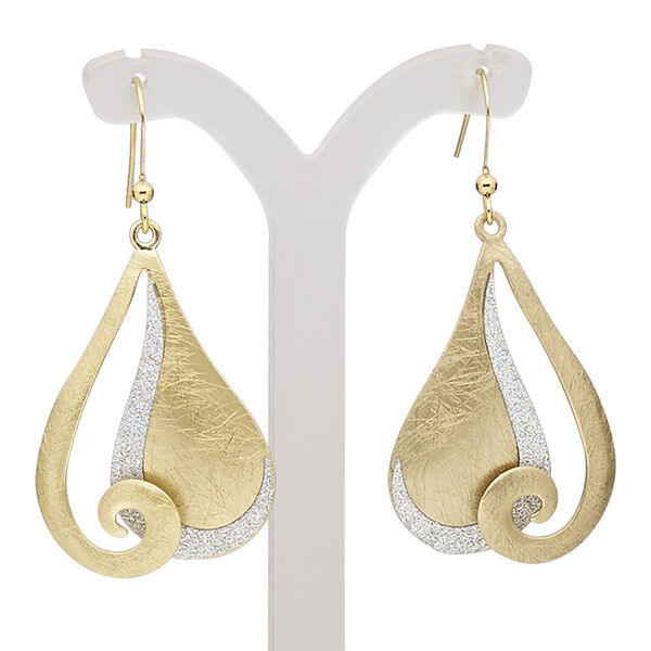 Earring, gold-finished brass and steel, silver with glitter, 2 inches with scratched teardrop and fishhook ear wire. Sold per pair. image number 0