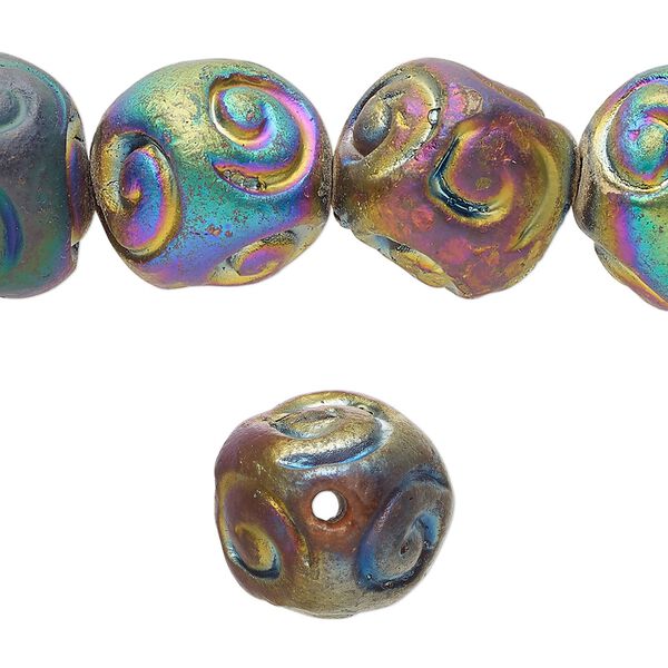 Bead, pressed clay, rainbow, 15-17mm handmade diagonally-drilled round. Sold per pkg of 14. image number 0