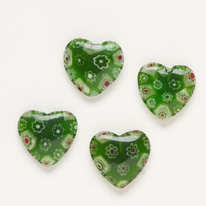 Bead, millefiori glass, translucent green / red / white, 18-20mm half-drilled puffed heart. Sold per pkg of 4.