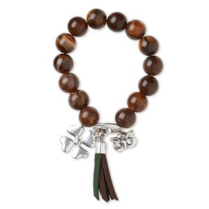 Bracelet, stretch, Czech glass rhinestone / faux suede / resin / antique silver-finished "pewter" (zinc-based alloy) and steel, brown / topaz brown / clear, 11mm round / 14x10mm owl / 20x19.5mm 4-leaf clover, 5-1/2 inches. Sold individually.