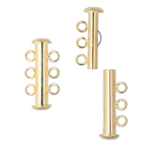 Clasp, 3-strand slide lock, gold-plated brass, 21x6mm tube. Sold per pkg of 4. image number 0