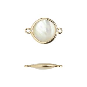 Link, mother-of-pearl shell and gold-finished brass (assembled), 12.5mm-13.5mm double-sided round. Sold per pkg of 4.