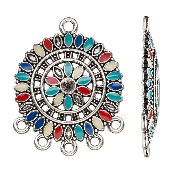 Drop, antique silver-finished "pewter" (zinc-based alloy) and resin, multicolored, 28.5mm single-sided round with 5 closed loops. Sold per pkg of 4. image number 0