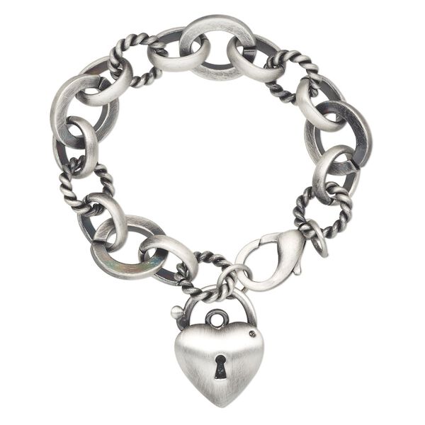 Bracelet, antique silver-plated brass, 20x19mm heart, 7 inches with lobster claw clasp. Sold individually. image number 0