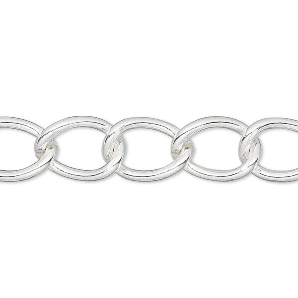 Chain, silver-finished brass, 9mm curb. Sold per pkg of 5 feet. image number 0