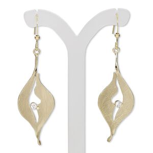 Earring, Czech glass rhinestone with gold-plated steel and brass, clear, 2-1/4 inches with brushed marquise and cutout design with fishhook ear wire. Sold per pair.