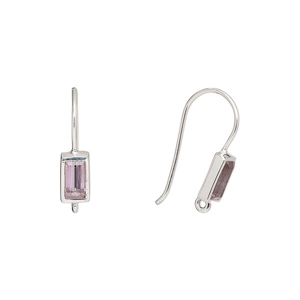 Ear wire fishhook 1pkg2 sterling silver / amethyst (natural), 16mm / 7x4mm rectangle / hand-cut / closed loop, 22 gauge 1 pair image number 0