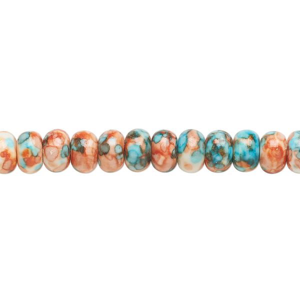 Bead, resin and painted ceramic, orange / blue / white, 6x4mm rondelle. Sold per 15-1/2" to 16" strand. image number 0
