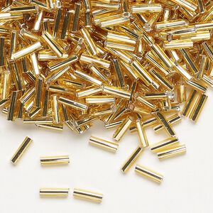 Bugle bead, Dyna-Mites™, glass, transparent silver-lined metallic gold, #3 square hole. Sold per 1/2 kilogram pkg.
