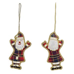 Ornament, tartan / glass pearl / gold- / silver-finished copper, multicolored, 8 inches with 4-1/2 x 2-1/2 inch two-sided Santa. Sold individually.