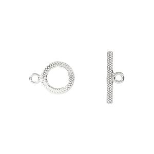 Clasp toggle 1pkg2 sterling silver, 10mm textured round, 1-strand