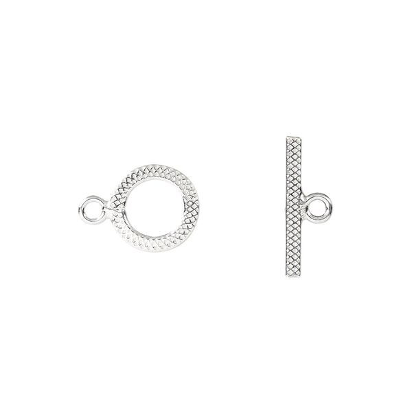 Clasp, toggle, sterling silver, 10mm flat textured round. Sold per pkg of 2. image number 0