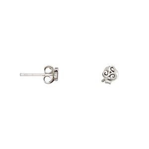 Earstud, antiqued sterling silver, 4mm tri-swirl with post. Sold per pair.