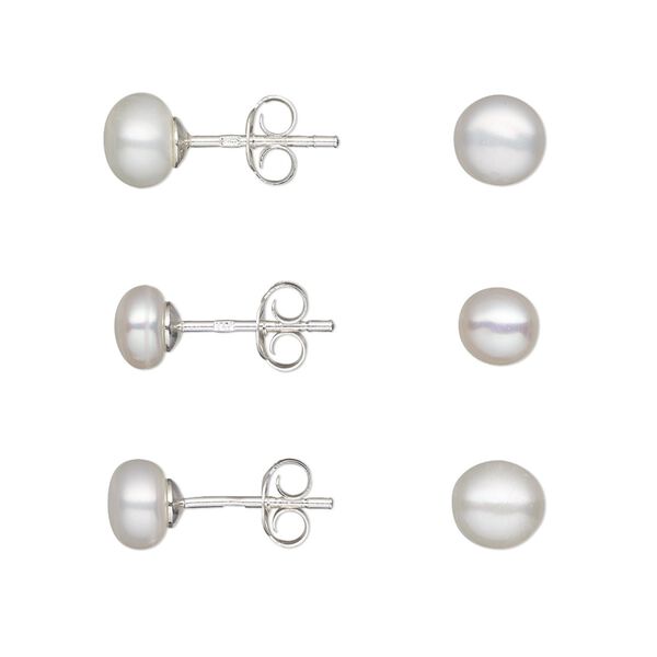 Earstud, cultured freshwater pearl (bleached) and sterling silver, white, 4-4.5mm / 5-5.5mm / 6-6.5mm button with post. Sold per pkg of 3 pairs. image number 0