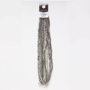Seed bead mix, glass, pkg/(5)15inch, 3x2-7x5mm mixed shapes, opaque and translucent silver-lined clear and gunmetal.