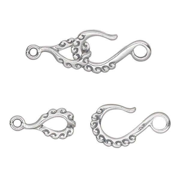 Clasp, JBB Findings, hook-and-eye, antiqued sterling silver, 23x11mm with waved edge. Sold individually. image number 0