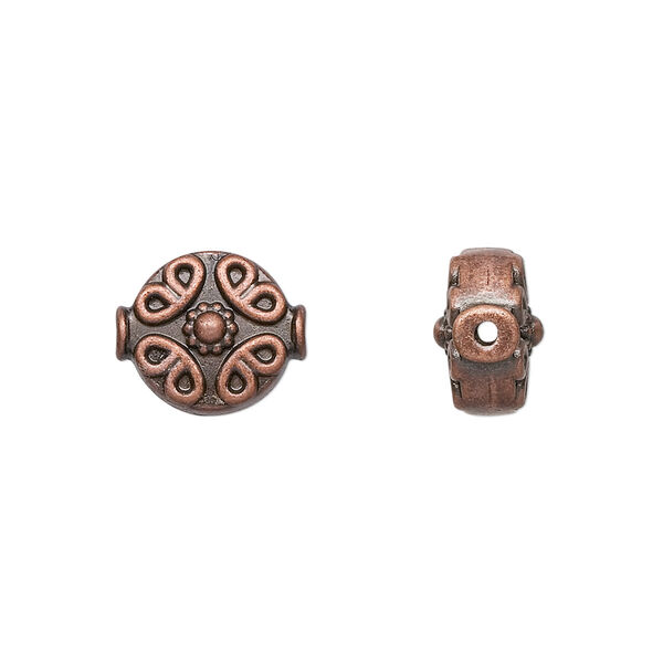 Bead, antique copper-finished "pewter" (zinc-based alloy), 10mm filigree flat round. Sold per pkg of 10. image number 0