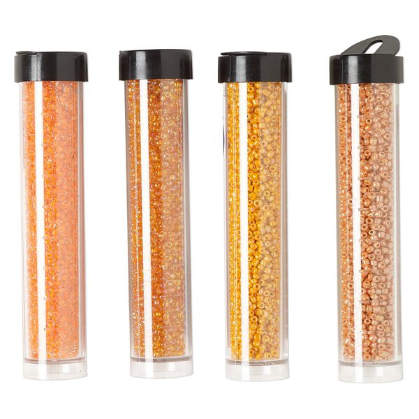 Seed bead assortment, Ming Tree™, glass, pkg/(4) 4 x 3/4 inch vials, #11 round, opaque and translucent rainbow color-lined orange. image number 0