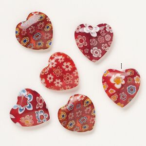 Bead, millefiori glass, translucent red and multicolored, 16-18mm half-drilled puffed heart. Sold per pkg of 6.