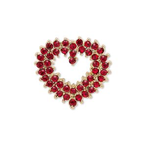 Spot pin, Czech glass rhinestone with gold-finished brass and "pewter" (zinc-based alloy), red, 24x23mm open heart. Sold individually.