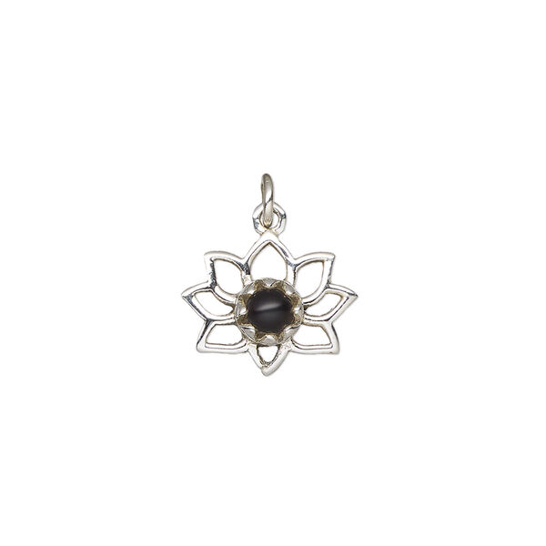 Drop, antiqued sterling silver and black onyx (dyed), 14.5x12mm single-sided open lotus. Sold individually. image number 0