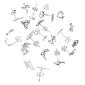 Earstud mix, sterling silver, assorted designs, earnuts included. Sold per pkg of 10 pairs.