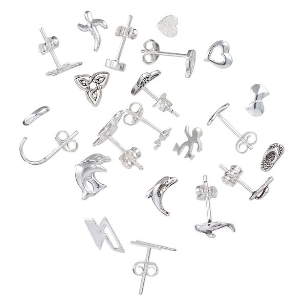 Earstud mix, sterling silver, assorted designs, earnuts included. Sold per pkg of 10 pairs. image number 0
