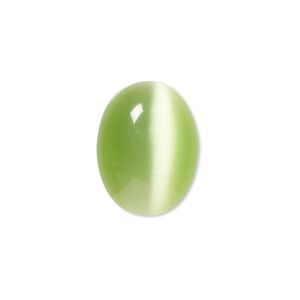 Cabochon, cat's eye glass (fiber optic glass), light green, 20x15mm calibrated oval, quality grade. Sold per pkg of 4.
