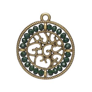 Drop, glass and antique brass-finished "pewter" (zinc-based alloy), emerald green, 28mm round with hearts and beaded border. Sold per pkg of 2.