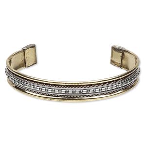 Bracelet, cuff, brass / copper / steel, 11mm wide with twist and beaded design, adjustable from 7-1/2 to 8-1/2 inches. Sold individually.