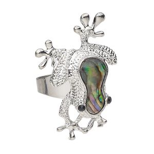 Ring 1pkg1 steel / paua shell / glass rhinestone, 34x23mm frog, natural silver finish / black