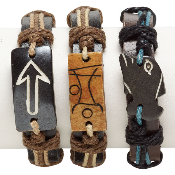 Bracelet mix, leather / bone / waxed cotton cord (dyed), multicolored, 17-24mm wide with mixed shape, adjustable from 5-8 inches with wrapped knot closure. Sold per pkg of 3. image number 0